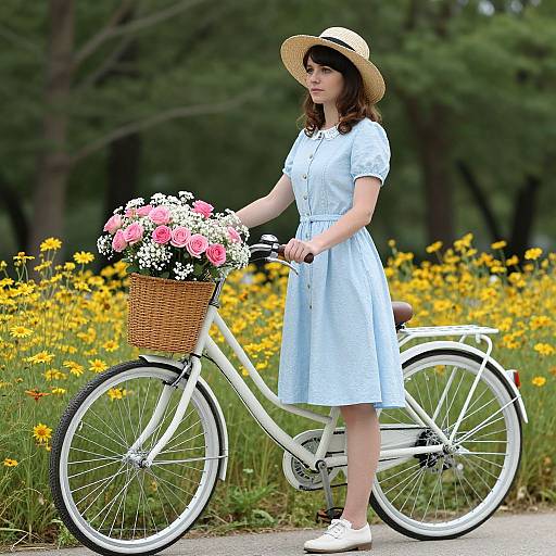 Woman with Vintage Bicycle and Flowers