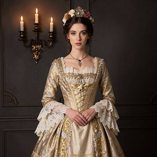 Photograph of a young woman in an ornate, golden Renaissance-style gown with lace sleeves, wearing a floral tiara, standing before a black-pane