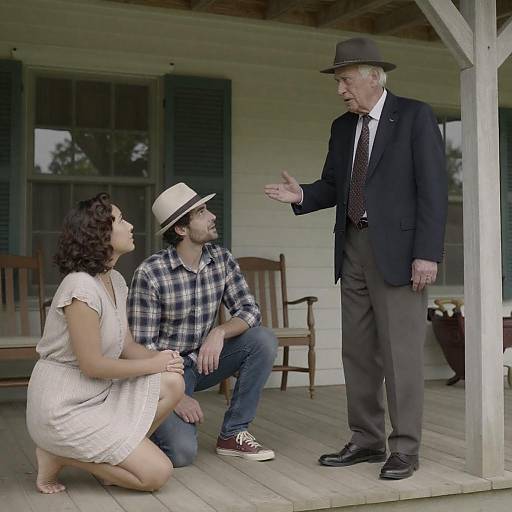 Elderly Man Talking to Young Couple on Porch
