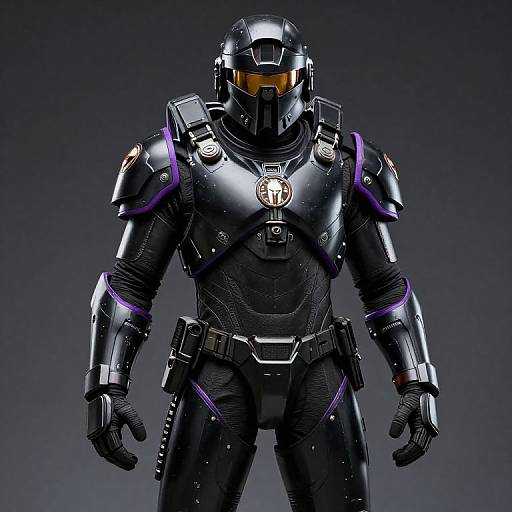 Photorealistic CGI of a futuristic, black armored soldier with glowing purple accents, a high-tech helmet, and a stern expression.