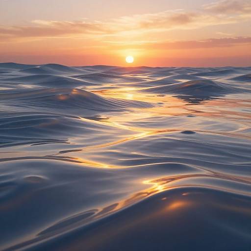 Photograph of a serene ocean at sunset, featuring gentle waves reflecting vibrant orange, pink, and purple hues from the setting sun.