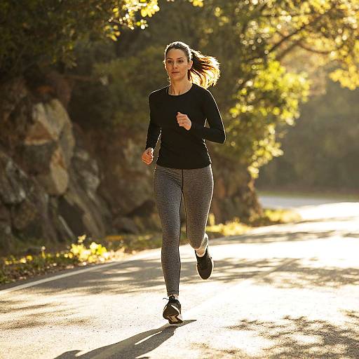 Woman Jogging on Sunlit Tree-Lined Road
