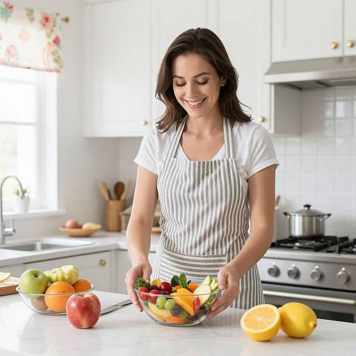 Photograph of a smiling brunette woman in a white striped apron, assembling a colorful fruit salad in a bright, modern kitchen.