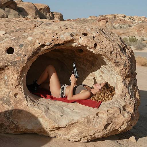 Woman Lying Inside Rock Cavity Holding Gun