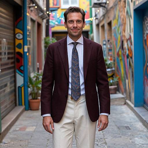 Photograph of a middle-aged man with dark hair, brown blazer, white shirt, patterned tie, and white pants, standing in a colorful