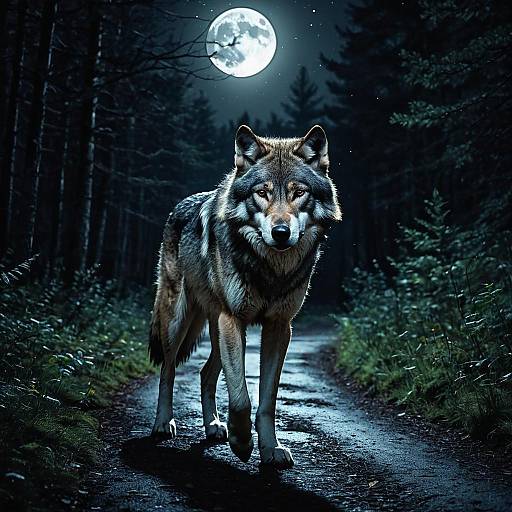 Wolf Walking on Forest Path Under Full Moon