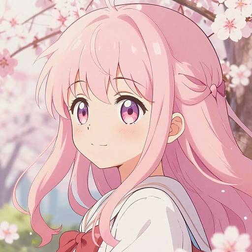 Anime-style digital drawing of a cute girl with long pink hair, purple eyes, and a white school uniform, surrounded by blooming cherry blossoms.