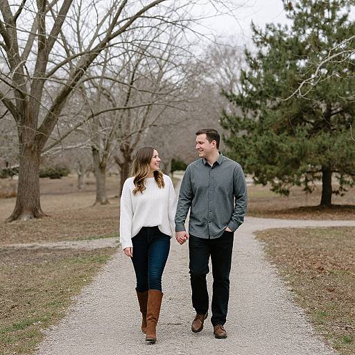 Photograph of a smiling couple holding hands on a gravel path in a park with bare trees and evergreens, wearing casual autumn attire.