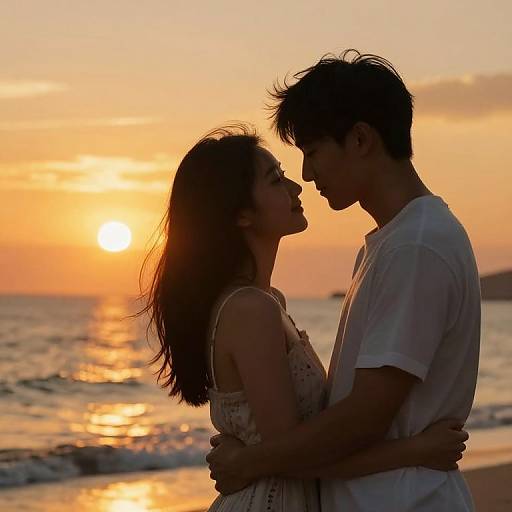 Photograph of a silhouetted couple embracing at sunset on a beach, with the sun's orange glow reflecting on the water. She wears a