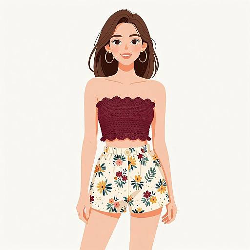 Digital illustration of a smiling woman with brown hair, wearing a maroon, ruffled crop top and white floral shorts, against a white background.