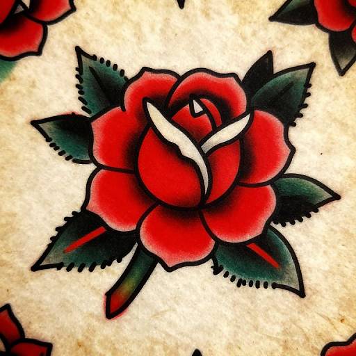 Tattoo-style illustration of a vibrant red rose with black outlines and green leaves on a white, textured background.