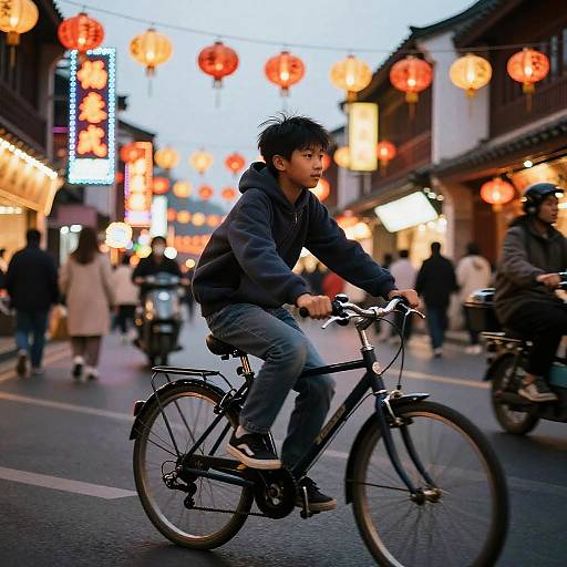 Photograph of an Asian boy in a navy hoodie and jeans riding a black bicycle through a busy, illuminated night market street with red lanterns and blurred