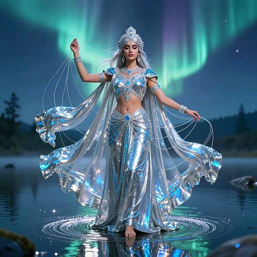 Digital art: Elven dancer in silver, blue-sequined attire with flowing veil, crown, and armlets, standing in a reflective lake under