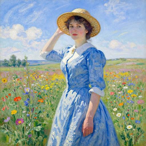 Photograph of a fair-skinned woman in a blue floral dress and straw hat, standing in a vibrant meadow of colorful wildflowers under a bright