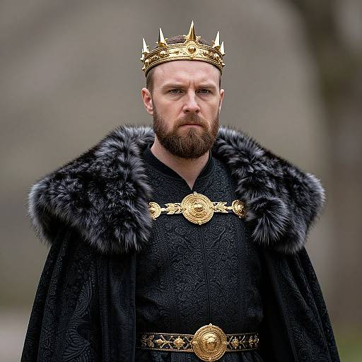 Photograph of a bearded man with a stern expression, wearing a golden crown with spikes, black fur-lined robe, and ornate gold belt,