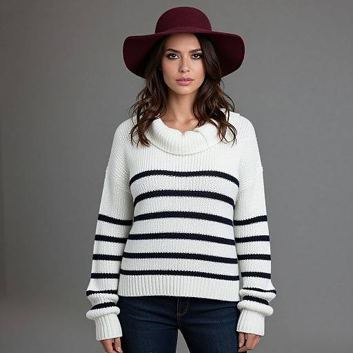 Photograph of a young woman with wavy brown hair, wearing a wide-brimmed burgundy hat, white knit sweater with black stripes, and