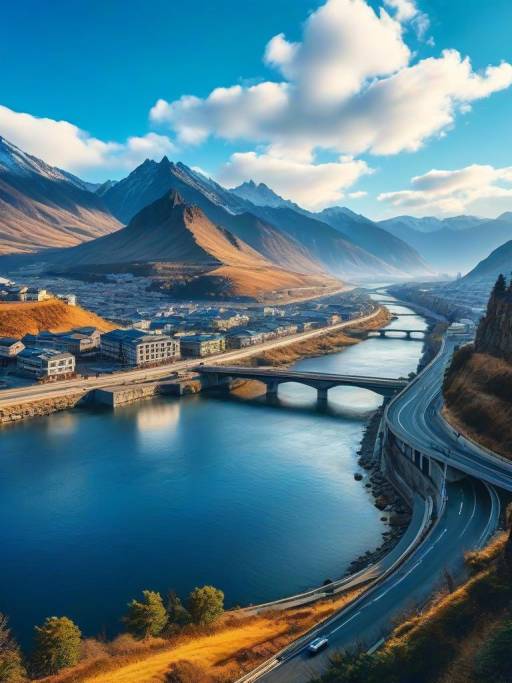 Serene Mountain Town Landscape with River
