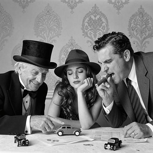 Vintage Black and White Portrait of Three People at Table