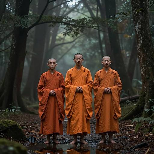Monks in a Mystical Foggy Forest