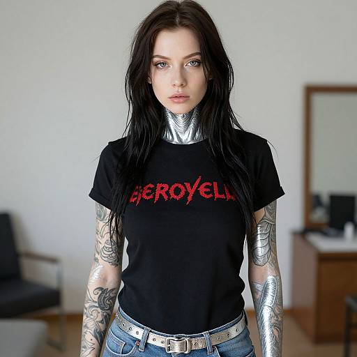 Photograph of a pale-skinned, dark-haired woman with tattoos, wearing a black 