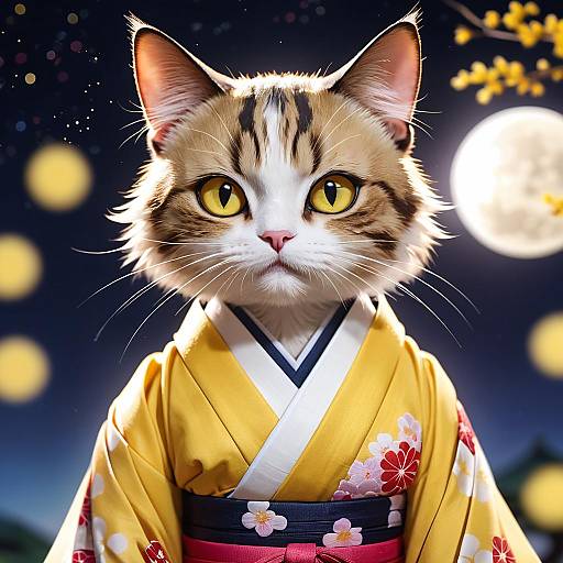 Cat in Traditional Japanese Kimono at Night