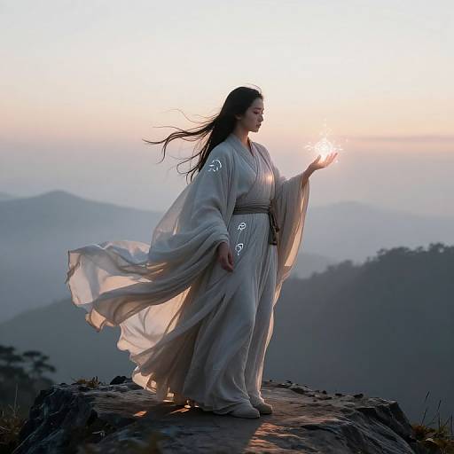 Photograph of a silhouetted woman in flowing white robes, standing on a rocky cliff at sunset, extending her hand towards the glowing sun,