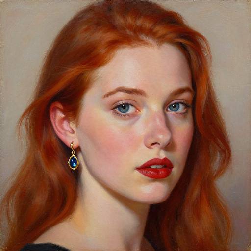 Digital painting of a fair-skinned woman with vibrant red hair, blue eyes, and red lipstick, wearing a blue teardrop earring, against