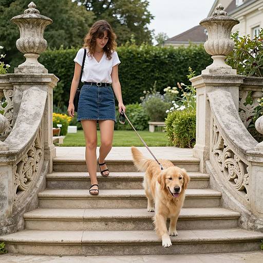 Woman Descending Stone Steps with Dog