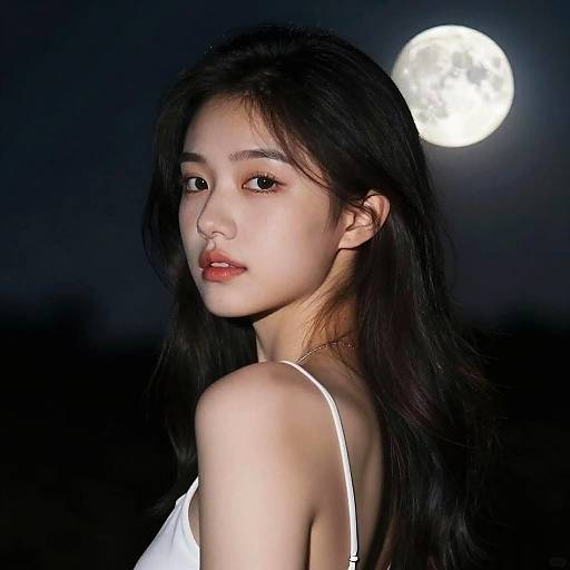 Young Woman Portrait Under Full Moon