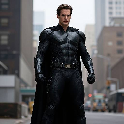Photograph-style CGI of a muscular man in a black, textured superhero suit with armored gloves and boots, standing confidently in a foggy urban street.