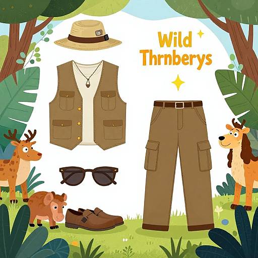 Cartoon-style image of wild-themed clothing: brown jacket, beige shirt, khaki pants, brown boots, black sunglasses, beige hat, deer and