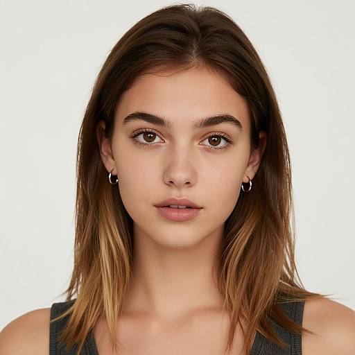 Photograph of a young woman with light skin, brown eyes, straight brown hair with blonde highlights, wearing small hoop earrings and a dark gray tank top