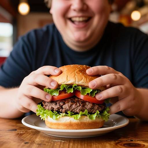 Photograph of a smiling man with short hair, wearing a black shirt, holding a juicy burger with lettuce, tomato, and cheese on a white plate