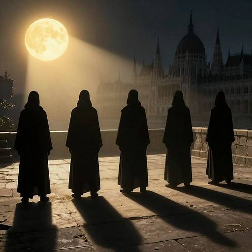 Silhouetted nuns with hoods stand on a moonlit stone plaza, backlighted by a bright full moon, with a Gothic cathedral in