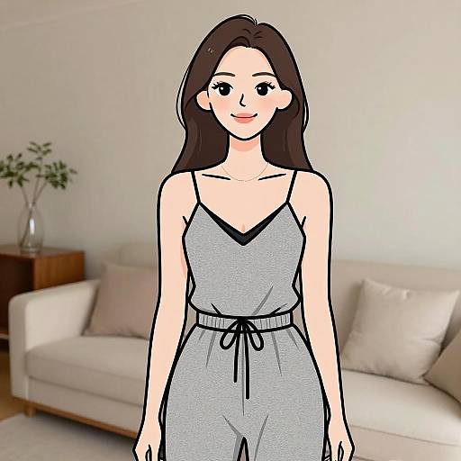 Digital illustration of a smiling woman with long brown hair, wearing a light gray, spaghetti-strap jumpsuit, standing in a minimalist living room with a