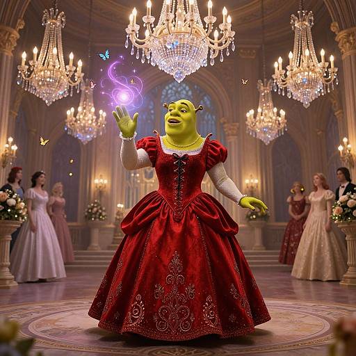 Green-skinned woman in red, ornate gown conjures purple magic in opulent ballroom with chandeliers, surrounded by elegant bridesmaids.