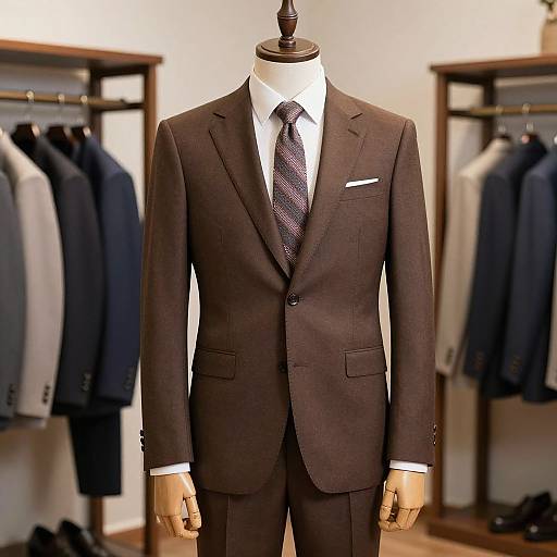 Photograph of a dark brown, single-breasted suit on a headless mannequin, with a white shirt and striped tie, displayed in a