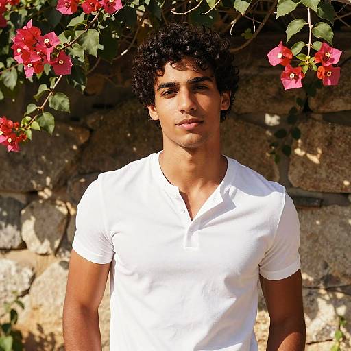 Photograph of a young man with curly dark hair, olive skin, wearing a white V-neck t-shirt, standing in front of a stone wall with