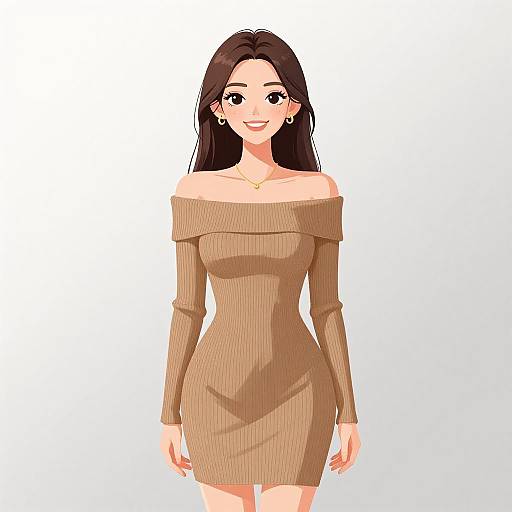 Digital anime-style drawing of a smiling woman with long brown hair, wearing an off-shoulder, brown, ribbed, long-sleeve mini