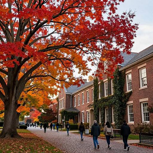 Photograph of a cobblestone pathway lined with red and orange autumn leaves, brick buildings, and people walking, with a large tree on the left
