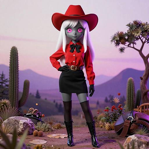 Digital art of a gray-skinned anime girl with white hair, red hat, red shirt, black skirt, and boots, standing in a desert at