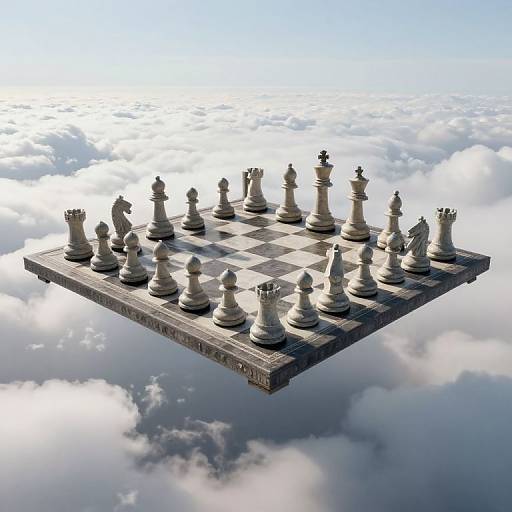 Floating chessboard with white and black pieces in mid-air above a cloudy sky, illuminated by sunlight. Digital artwork.