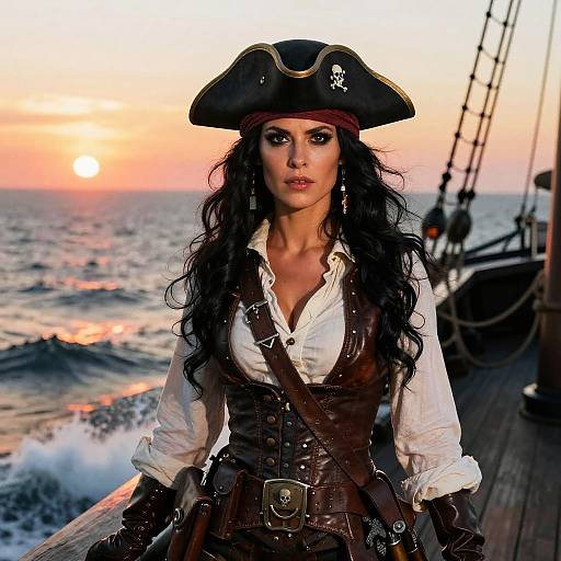 Photograph-style digital image of a fierce, long-haired pirate woman in white shirt, brown vest, black tricorn hat, standing on wooden ship deck