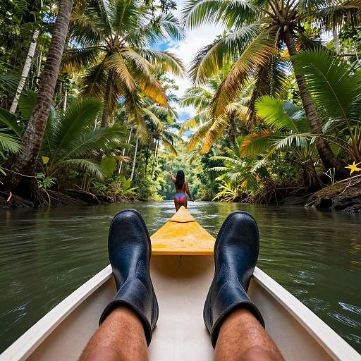 Photograph: Feet in black boots on a white canoe, facing a narrow, lush tropical river with a person in red and black standing on a yellow