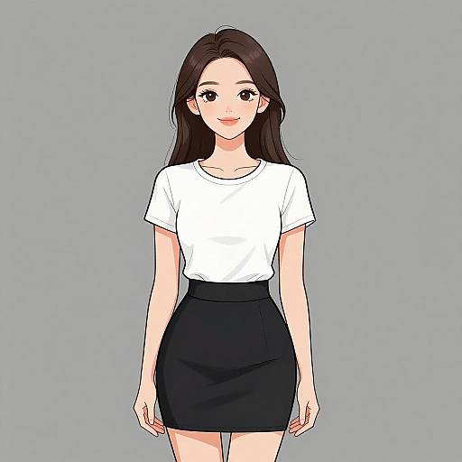 Digital anime-style drawing of a young woman with long black hair, wearing a white t-shirt and black skirt, standing against a gray background, smiling softly