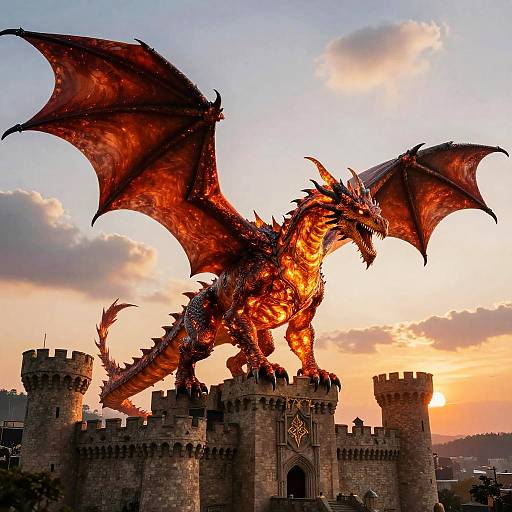 Photograph of a fiery red dragon with large wings standing on a medieval stone castle at sunset, with orange and pink clouds in the background.