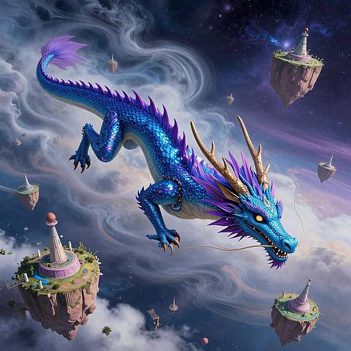 Digital fantasy art: Blue, purple-scaled dragon with golden horns and glowing eyes soaring through a starry, cloudy space, surrounded by floating, grass