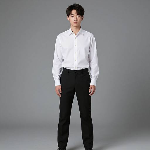 Photograph of a young Asian man with short black hair, wearing a white long-sleeve shirt and black dress pants, standing against a plain gray