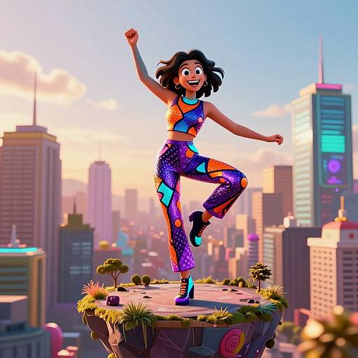 Digital cartoon of a joyful woman with dark curly hair, wearing colorful, geometric-patterned crop top and leggings, balancing on a grassy city rooftop at