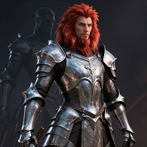 CGI image of a red-maned, bearded warrior in shiny, ornate silver armor with a stern expression, dark background, and a shadow